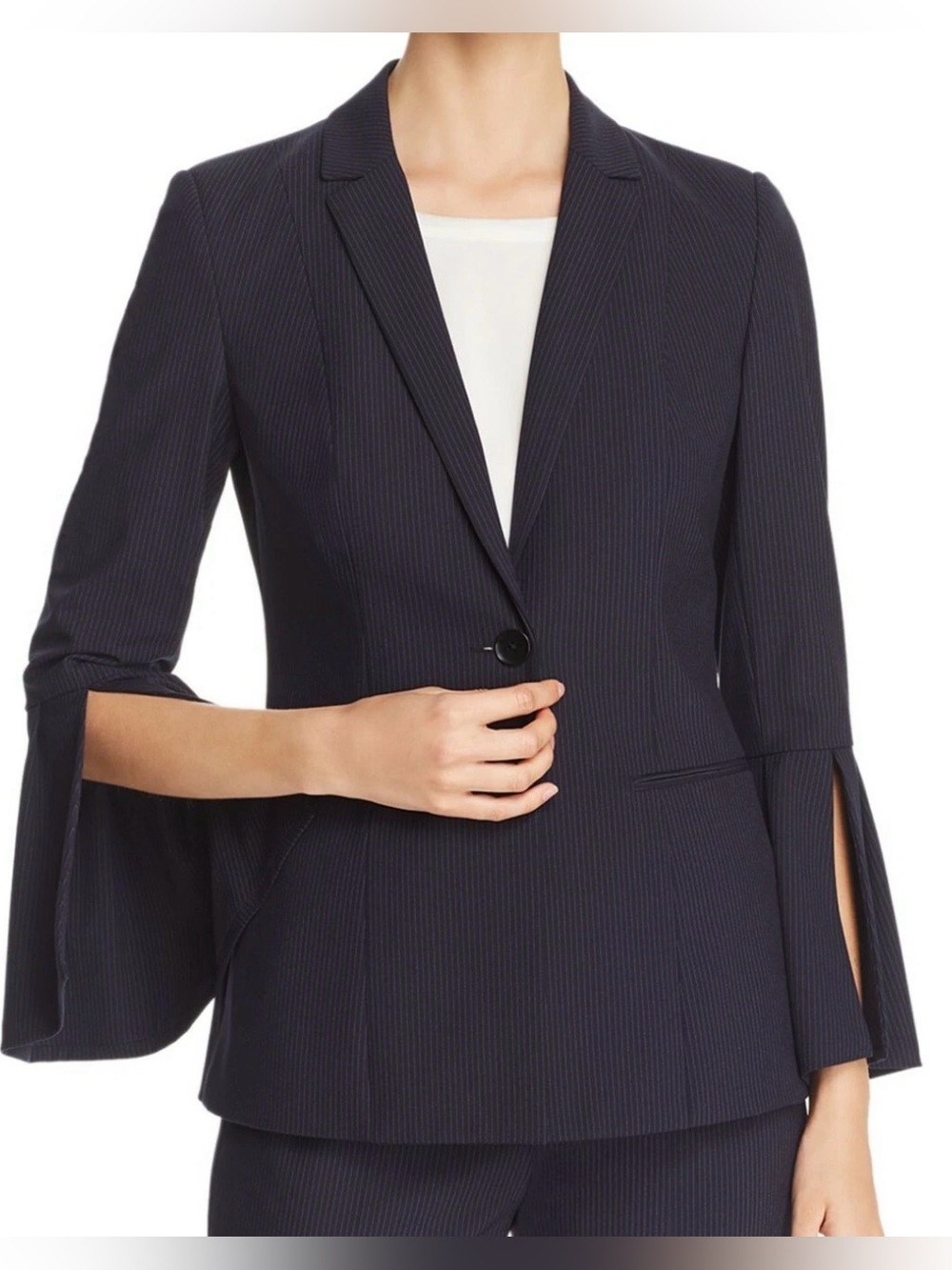 Womens Navy Pinstripe Blazer Jacket - Single Button Tailored Coat